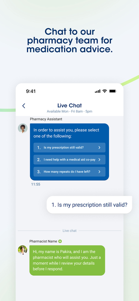 ユーザーと薬剤師が薬に関するアドバイスについてライブチャットしているモバイル画面
