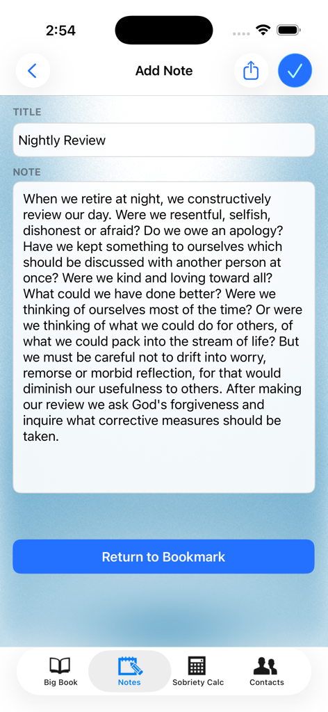 12 Steps Companion AA Big Book - Screenshot of the Nightly Review note section in the 12 Steps Companion AA app showing a spiritual reflection text