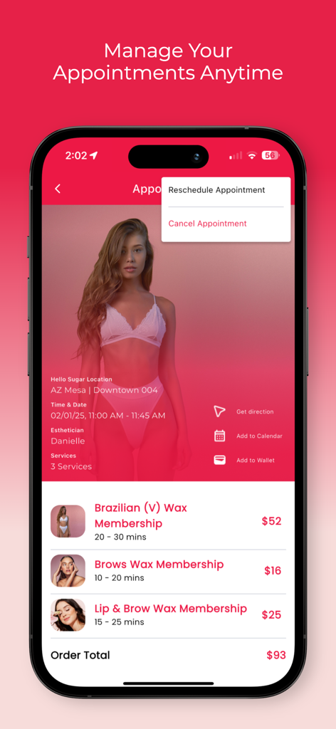 Hello Sugar: Wax, Sugar, Laser - Interface of the Hello Sugar app showing appointment details and management options