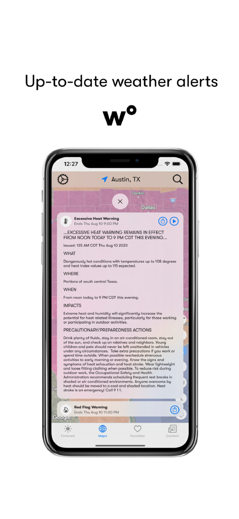 Weatherology: Weather Together - Smartphone screen showing an excessive heat warning and detailed weather alerts on the Weatherology app