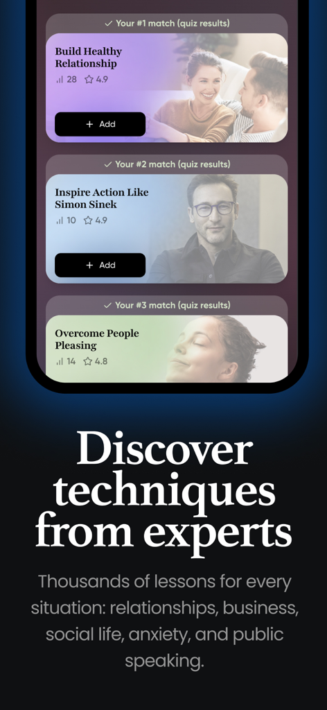 Une interface d'application mobile présentant des leçons de communication d'experts, y compris la création de relations et des conseils pour parler en public.
