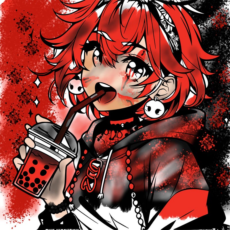 hot baddie anime girl drinking boba and biting the straw