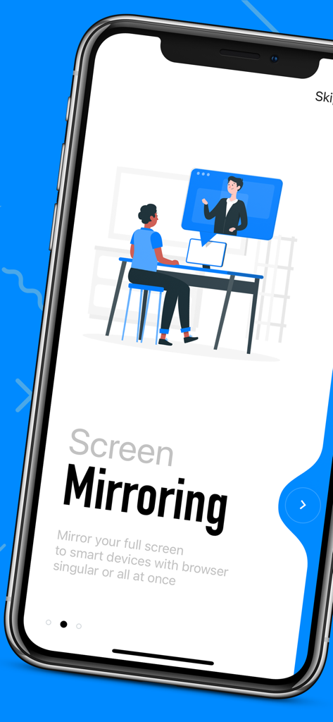 モニターに携帯電話の画面をキャストしている人物を示す、画面ミラーリングアプリのオンボーディング画面