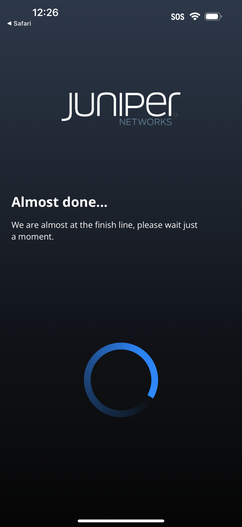 Schermata di caricamento di Marvis Client che mostra lo stato di avanzamento dell'integrazione con il logo Juniper Networks