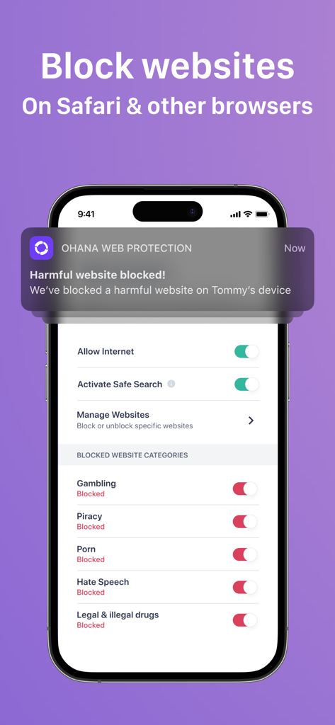 Smartphone screen showing Ohana app interface for blocking harmful website categories like gambling and piracy with a notification alert