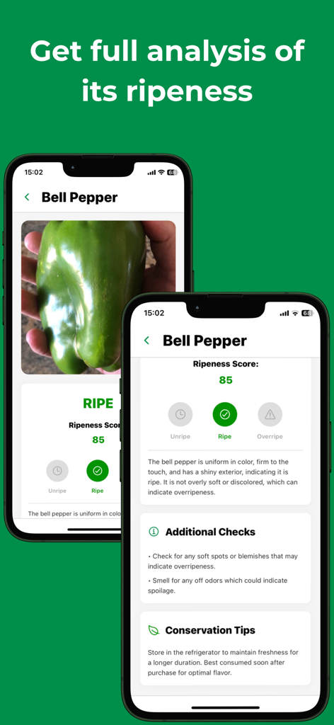 RipenessFoody: Check Ripeness - RipenessFoody app interface showing ripeness score and conservation tips for a bell pepper