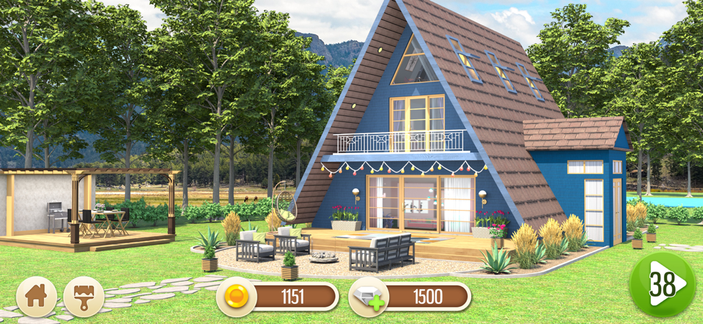 Design My Home Makeover: Words - Vista exterior de una casa renovada de marco en A azul con un patio moderno y asientos al aire libre en un juego de cambio de imagen del hogar.