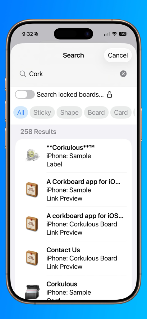 Corkulous - Your Ideas - A screenshot of the search interface in the Corkulous app on an iPhone displaying search results for the term Cork with category filters and a toggle for locked boards.