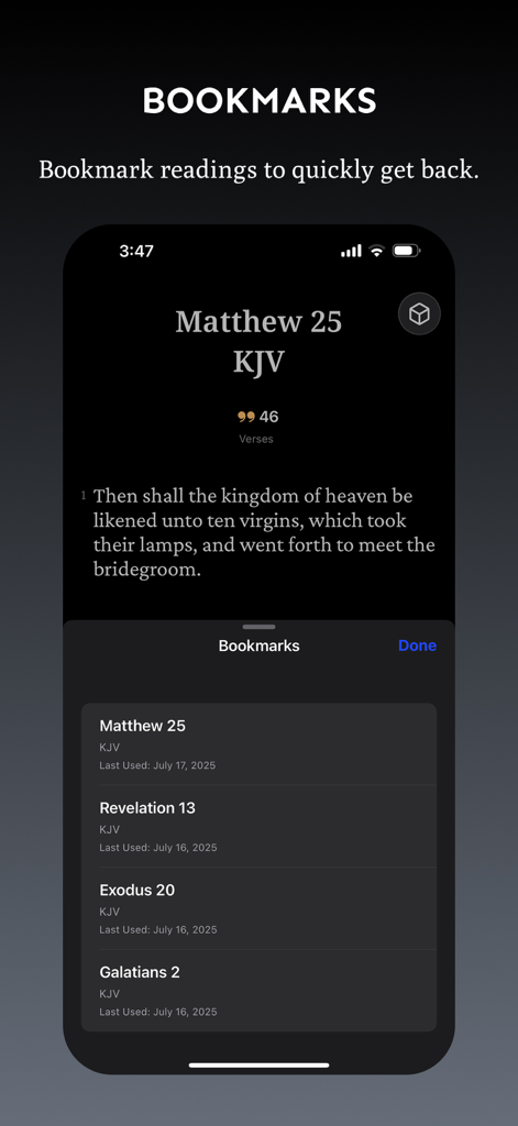 A screenshot of the Bookmarks feature in the Word Bible app showing a list of saved scripture readings on a dark interface.