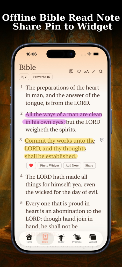 Bible Widget Verse of the Day - Bible app interface showing Proverbs 16 with verse highlights and options to pin to widget or add notes