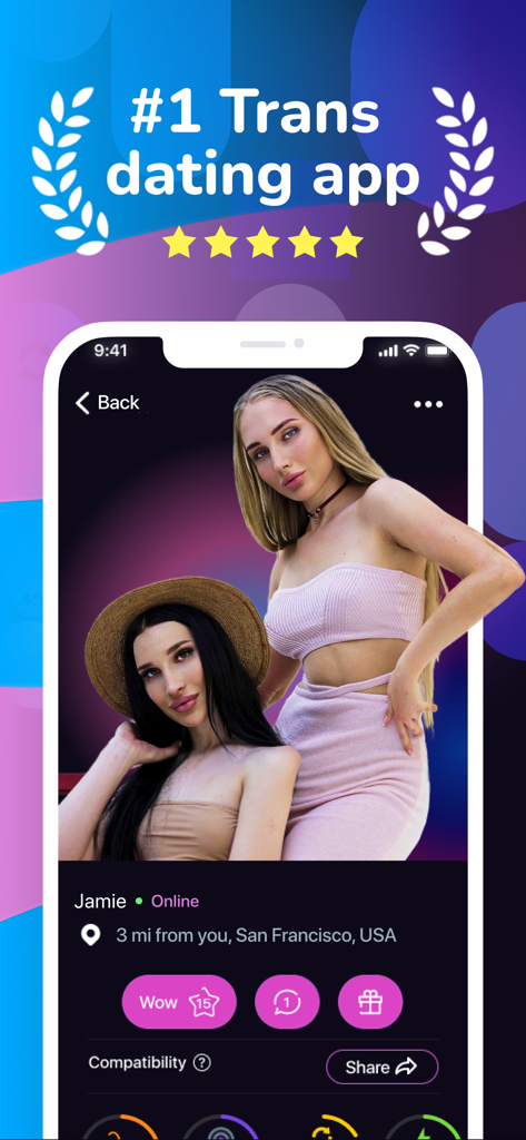 Fiorry: Transgender Dating - Fiorry app screen showing a user profile in San Francisco with a headline stating it is the number one trans dating app.