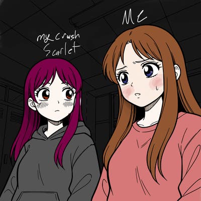 2 girls, one looking away blushing while the other girl is confused but looks calm, both long hair, one wearing a hoodie,