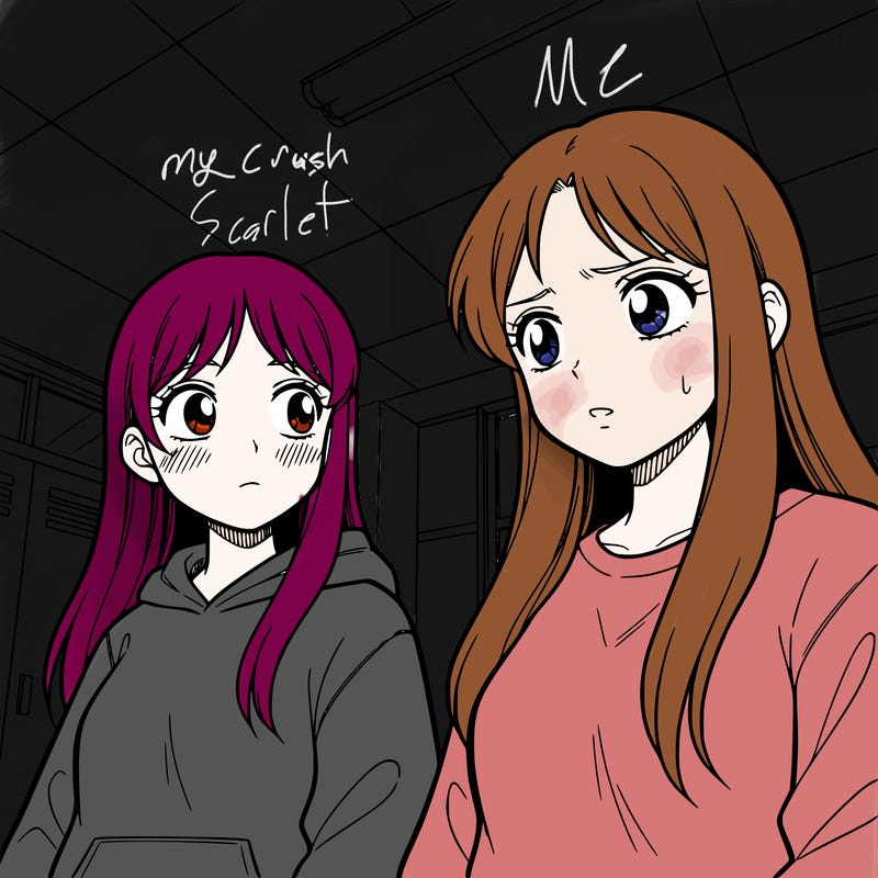 2 girls, one looking away blushing while the other girl is confused but looks calm, both long hair, one wearing a hoodie,