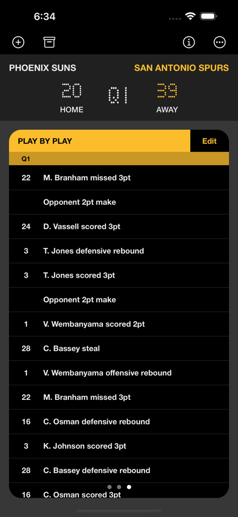 A play by play view of a basketball game within the InfiniteHoops Stats app showing scores and player events
