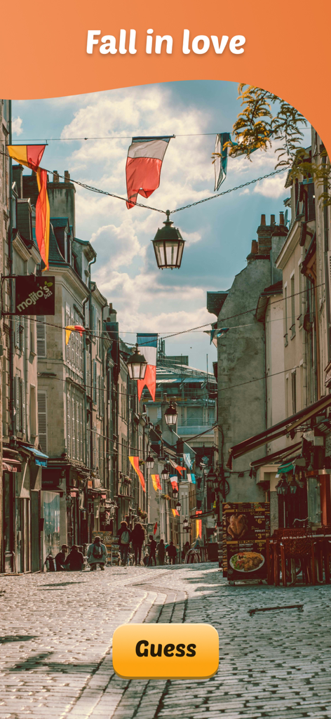 Immersive street walk gameplay showing a European alley and a guess button