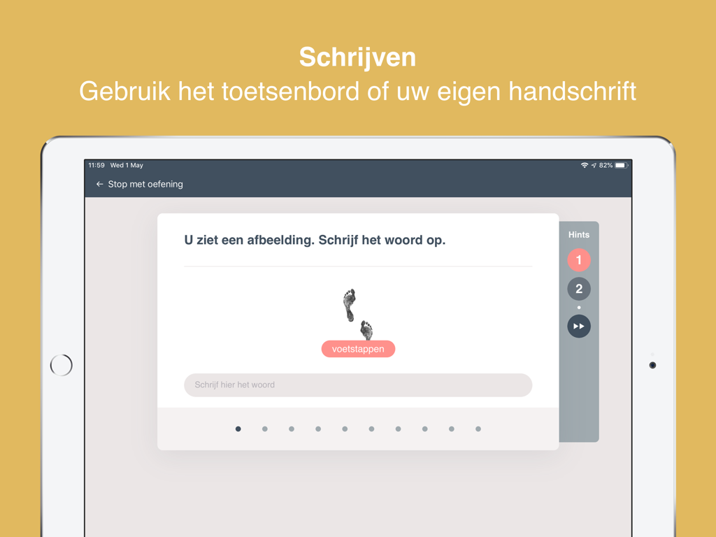 Esercizio di scrittura per la terapia dell'afasia su uno schermo di iPad con un'immagine di impronte e un campo di inserimento del testo.