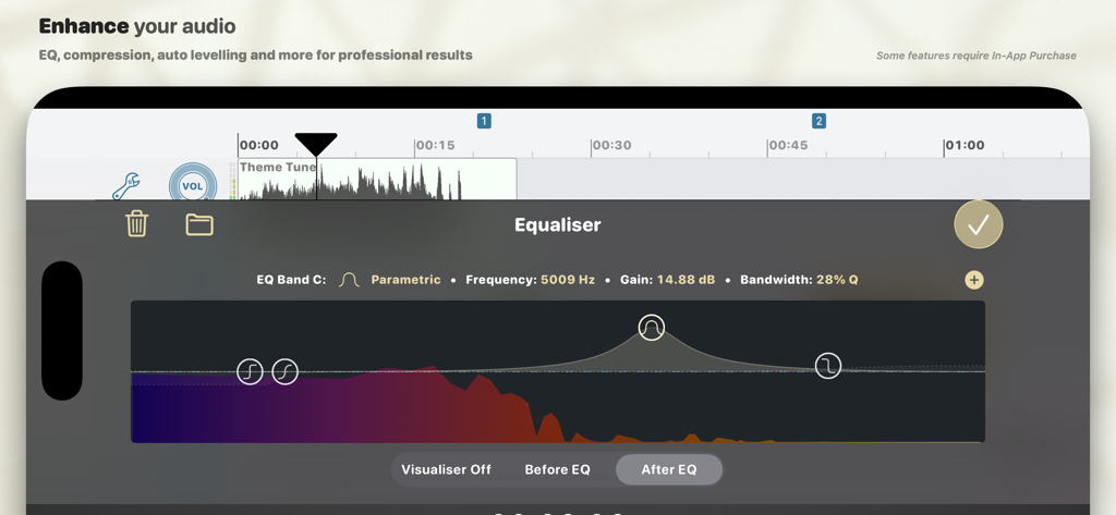 Ferramenta de equalizador paramétrico profissional no Ferrite Recording Studio para edição de áudio móvel