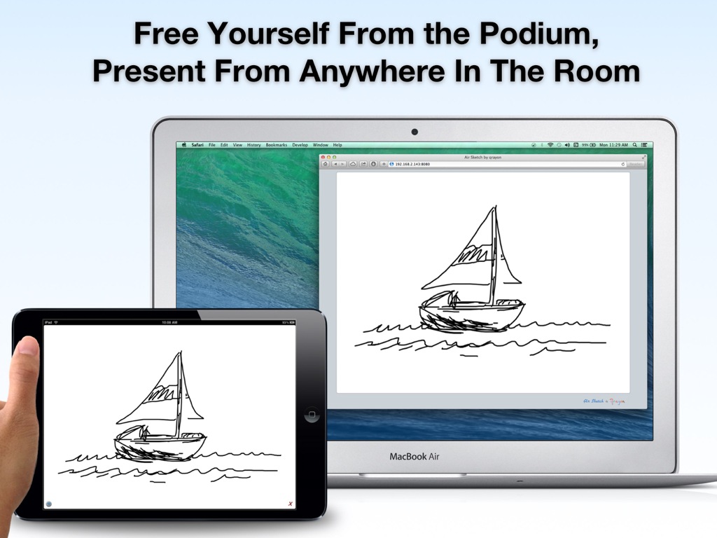 Air Sketch Free - Air Sketch Freeアプリ経由でワイヤレスにミラーリングされているボートのライブ描画を示すiPadとMacBook Air