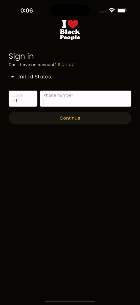 I Love Black People SafePlaces - Pantalla de inicio de sesión de I Love Black People SafePlaces con entrada de número de teléfono.