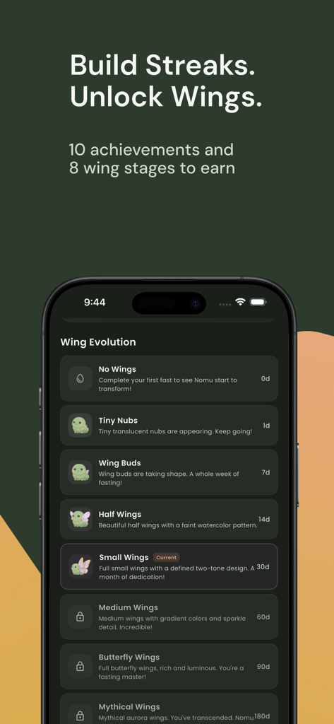 Nomu - Intermittent Fasting - Pantalla de la aplicación Nomu que muestra la lista de logros de evolución de alas para el personaje compañero