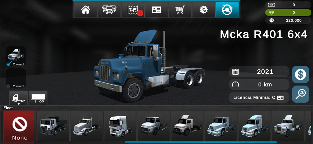 Garage menu showing a blue truck and fleet selection in Grand Truck Simulator 2