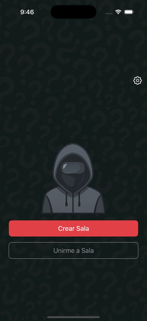 Impostor: Juega com amigos - Main menu of the Impostor party game app featuring buttons to create or join a room and a hooded character illustration