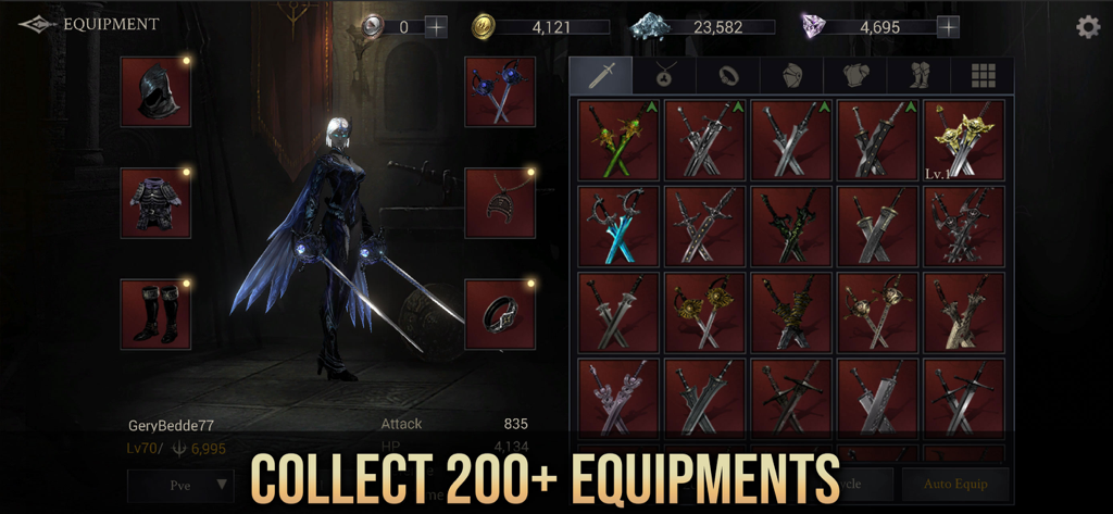 Shadow Hunter: Premium - Menú de personaje de Shadow Hunter mostrando armas coleccionables y equipo de armadura