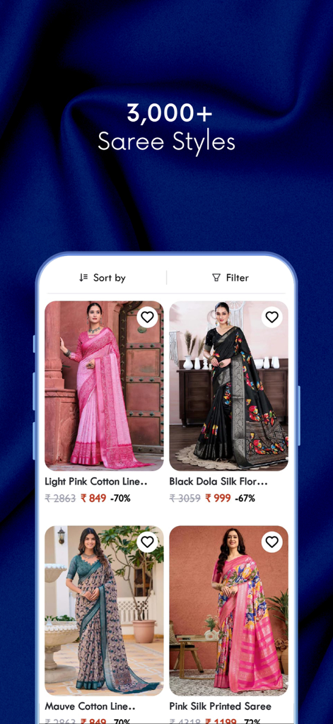 Interface do aplicativo Sudathi mostrando uma variedade de sarees de grife com preços e descontos