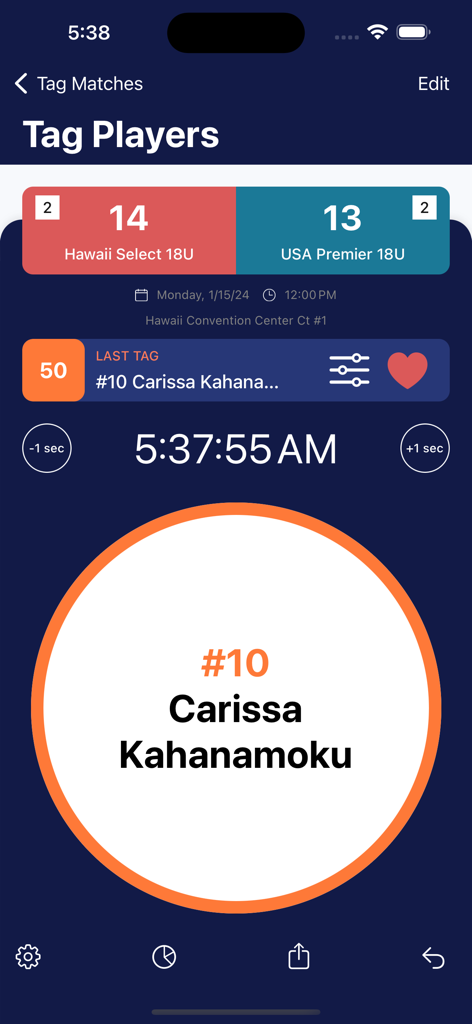 Interface of the FlipsCored app showing a live sports scoreboard and a player tagging screen for tracking highlights.