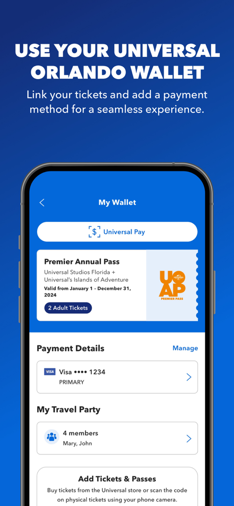Digital wallet interface of the Universal Orlando Resort app showing tickets and payment options