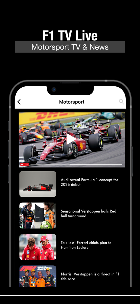 Motorsport TV Live Streaming - Smartphone screen displaying the Motorsport TV app with live F1 race footage and current racing news headlines
