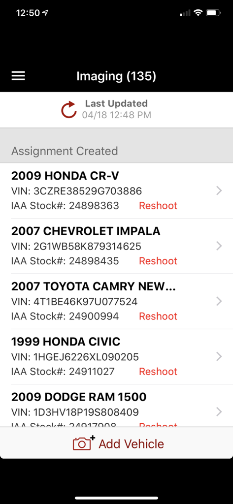 CSAToday by IAA - Mobile application interface showing a list of vehicle imaging assignments with VIN and stock numbers for insurance adjusters