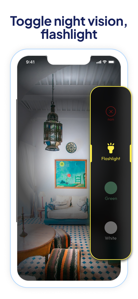 Cam V360 - Security Camera PRO - Interface of the Cam V360 app showing controls for toggling flashlight and night vision features for home monitoring.