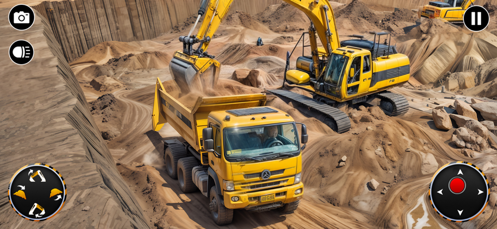 Heavy Machines Transporter Sim - Yellow excavator loading dirt into a dumper truck in a construction site simulator