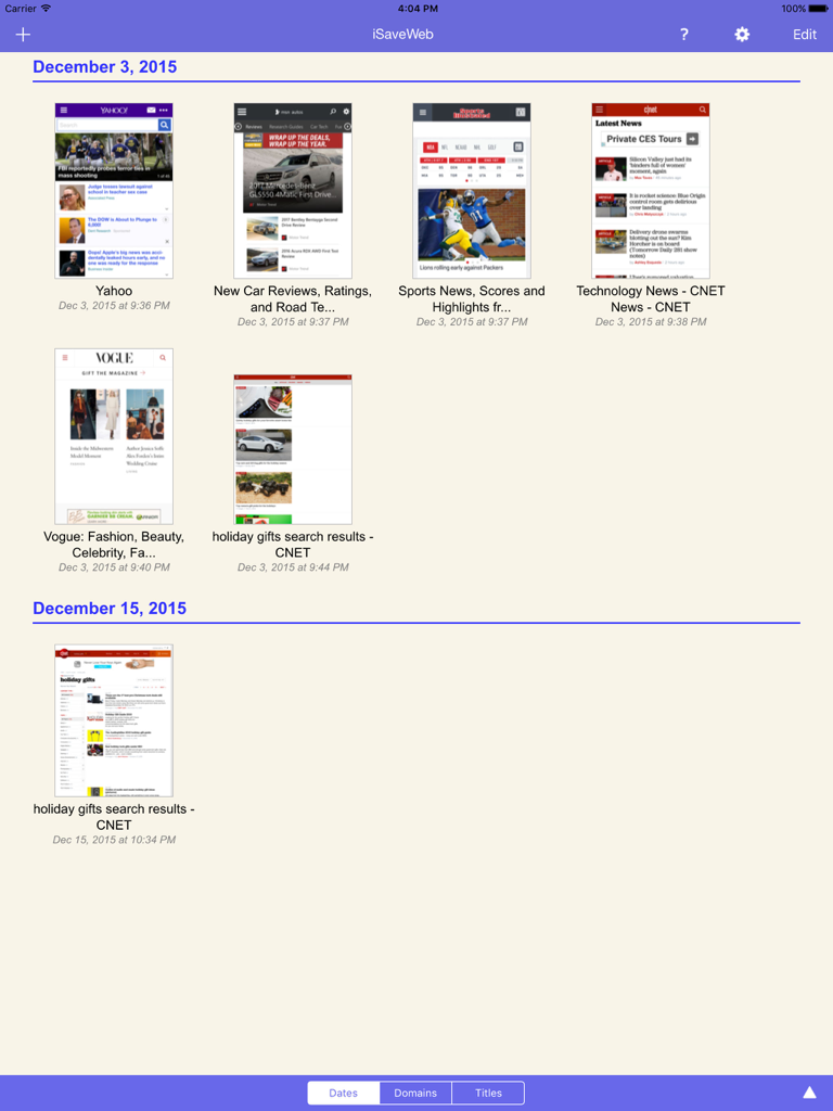 iSaveWeb Pro HD - Grid view of saved web pages for offline browsing in iSaveWeb Pro HD on iPad