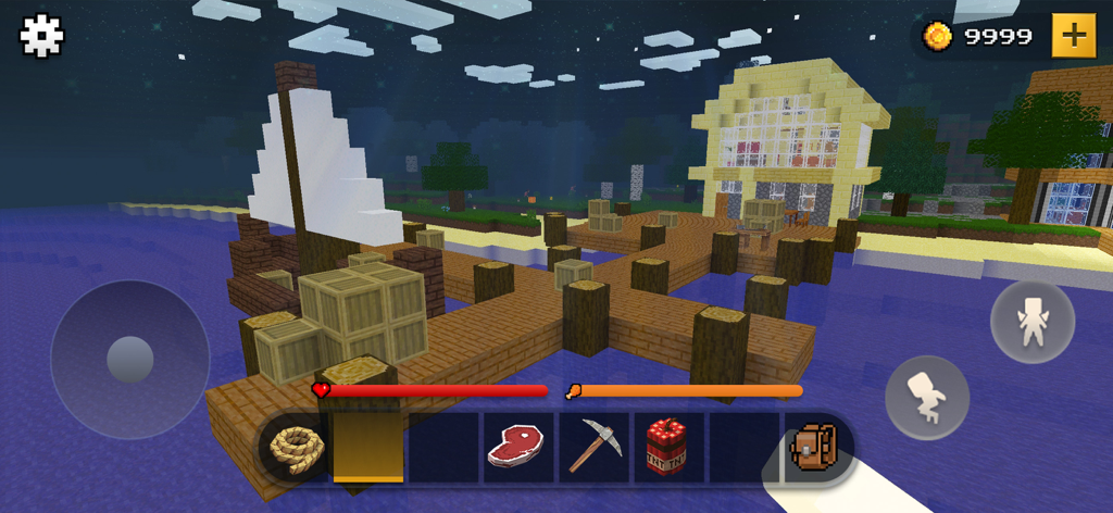 Block Craft World Sandbox - A blocky nighttime scene featuring a wooden pier with a sailboat and a house in a sandbox world.