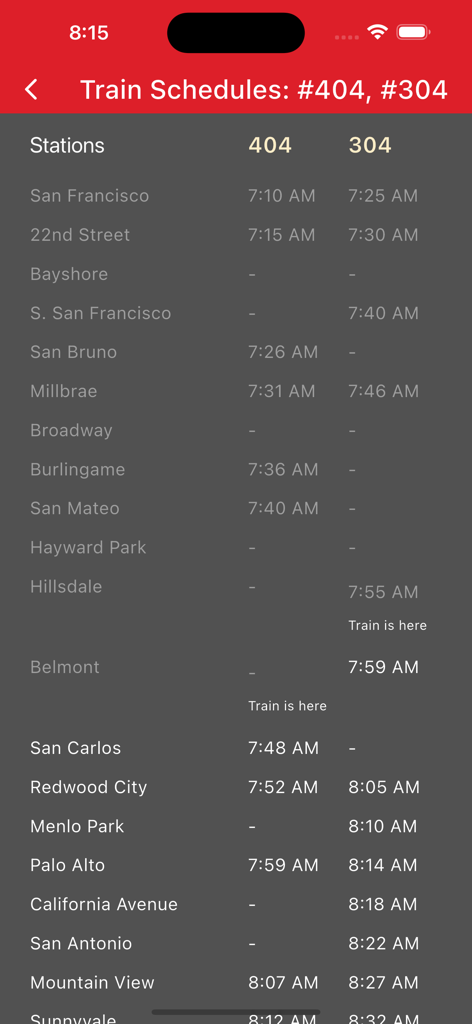 Caltrain Commuter - Train schedules for Caltrain routes 404 and 304 showing arrival times at various Bay Area stations