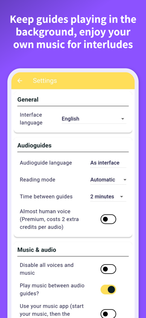 Road Trip: Voice Tour Guide AI - Settings screen of the Road Trip Voice Tour Guide AI app showing options for audio guides and music interludes