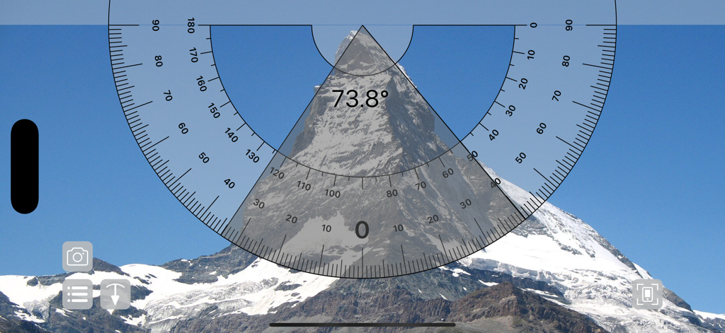 Protractor Smart - Aplicación Protractor Smart midiendo el ángulo de un pico de montaña en modo cámara