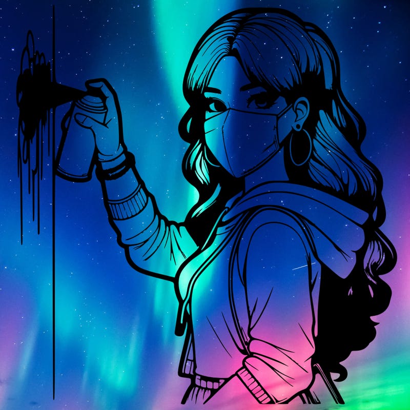 realistic girl with mask spray painting a wall