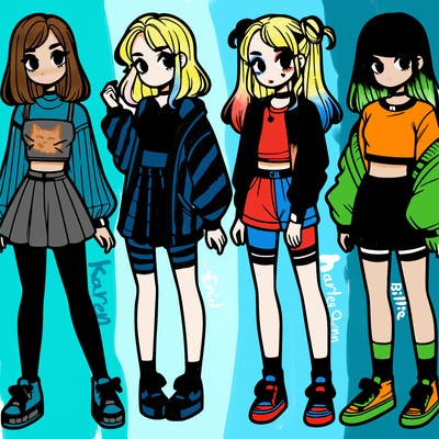 one girl with crop-top shirt and a jacket with a skirt, long socks and another girl with a shirt and pants with a jacket