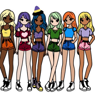a group of girls wearing crop tops and shorts