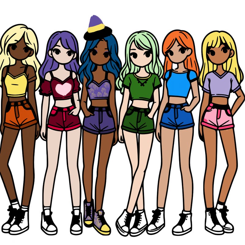 a group of girls wearing crop tops and shorts
