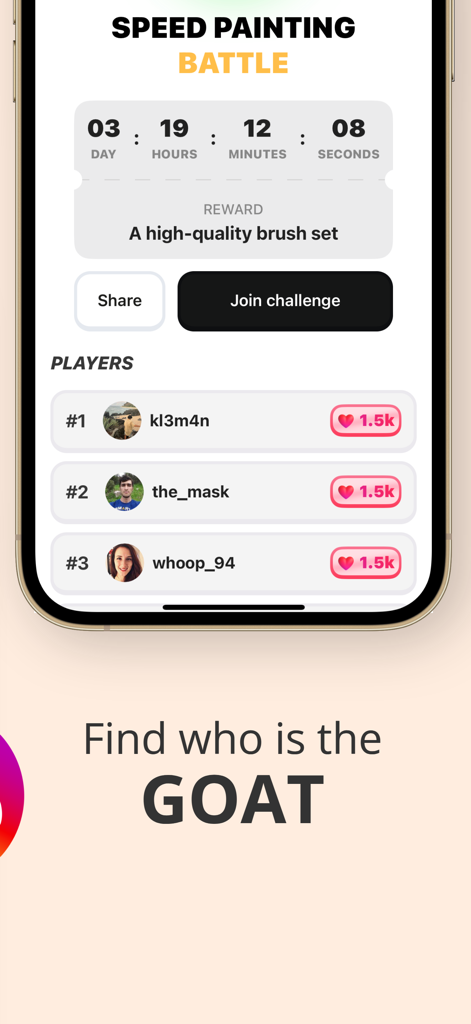 Goatyu app interface displaying a speed painting battle challenge with a countdown timer and a ranking of top players.