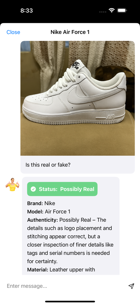 Legit Check: AI Scanner - AI-powered authenticity check of a Nike Air Force 1 sneaker in the Legit Check app showing a Possibly Real status.