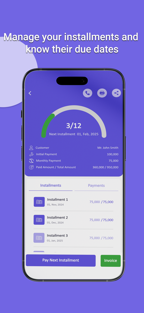 Pos System : Wise Sale - Wise Sale POS-App-Bildschirm mit Details zu Ratenplänen und Zahlungsplänen