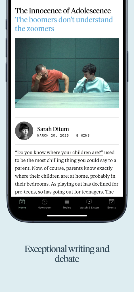 Smartphone screen displaying a long-form article on the UnHerd news app.