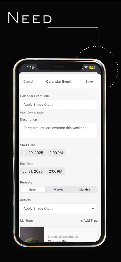 Mirai Mobile - Oberfläche der Mirai Mobile App, die einen Kalenderereignisbildschirm zur Planung von Bonsai-Pflegeaktivitäten wie dem Anbringen von Schattentüchern zeigt