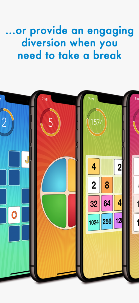 Brain Arcade - Multiple mobile screens showing various puzzle games like 2048 and word puzzles from the Brain Arcade app.