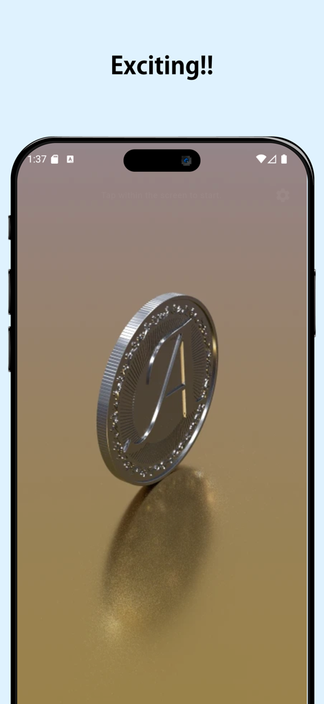 Una moneda de plata 3D girando sobre una superficie dorada dentro de la interfaz de la aplicación móvil